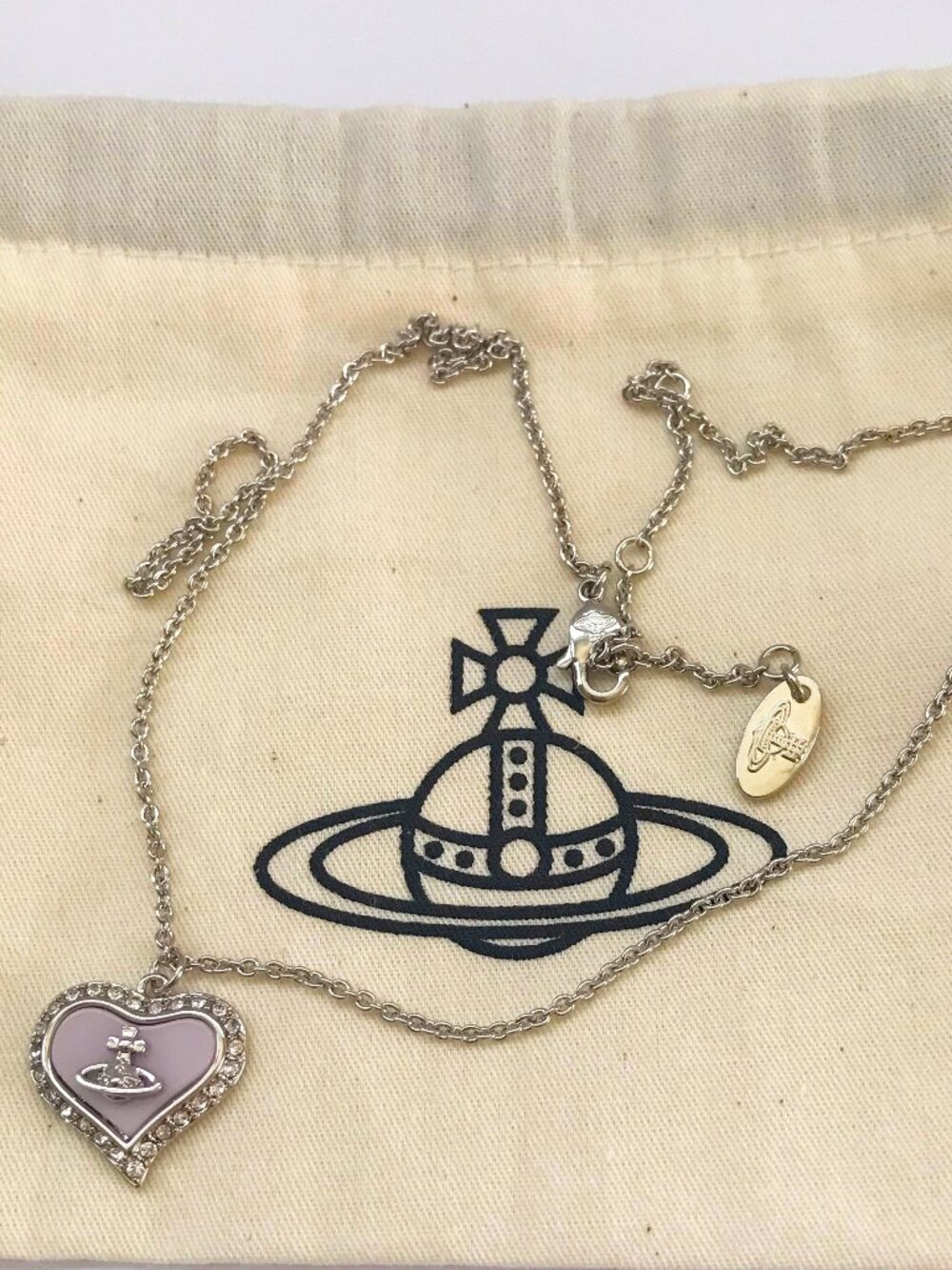 Vivienne Westwood Silver Tone Heart Pendant Necklace Lavender Pink Pearl Sheet
